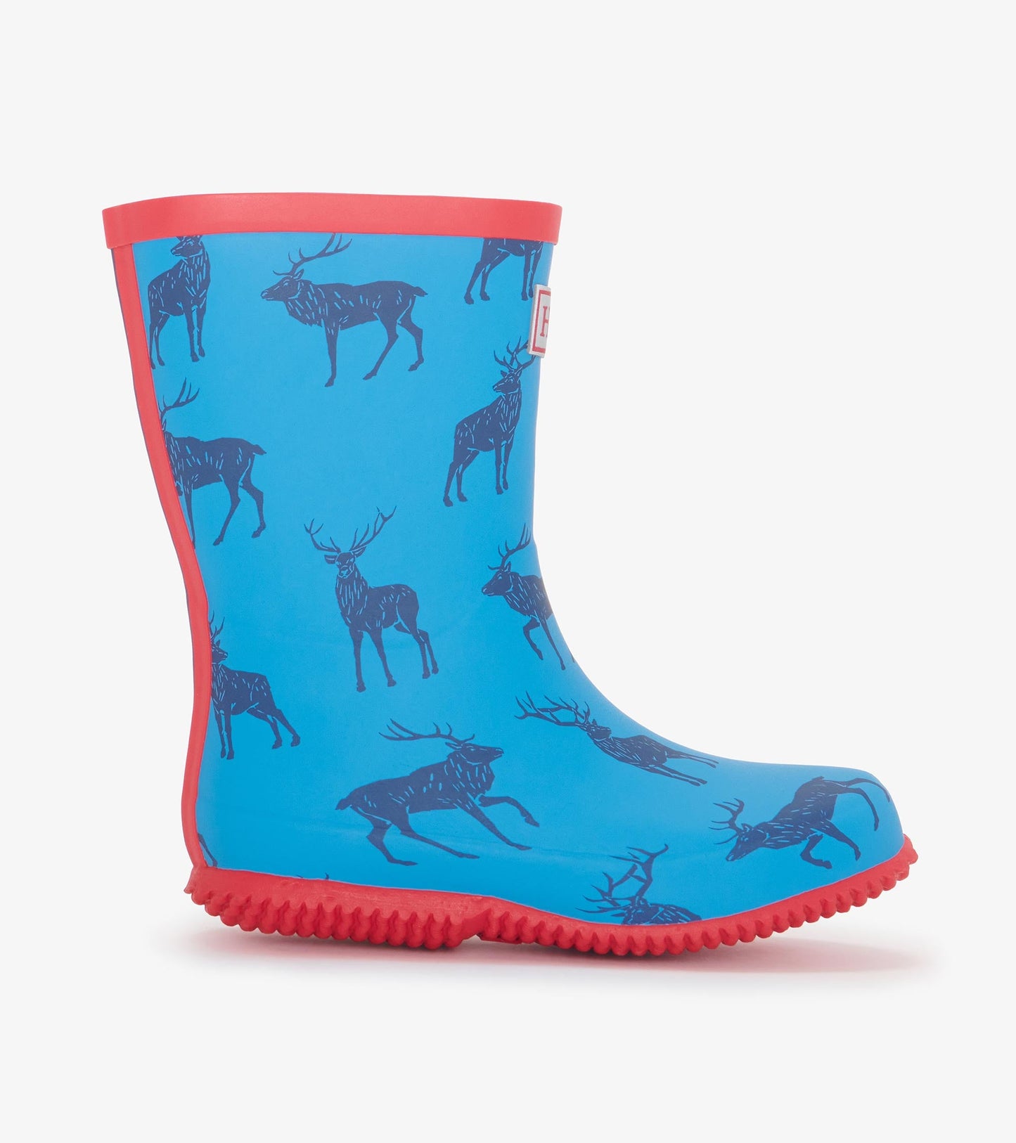 Blue rain boot featuring a deer pattern and red trim, designed for kids, with a textured sole for grip.