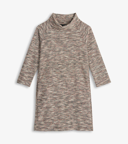 Heather grey knit dress with draped collar, long sleeves, and subtle multicolor speckled texture, front view