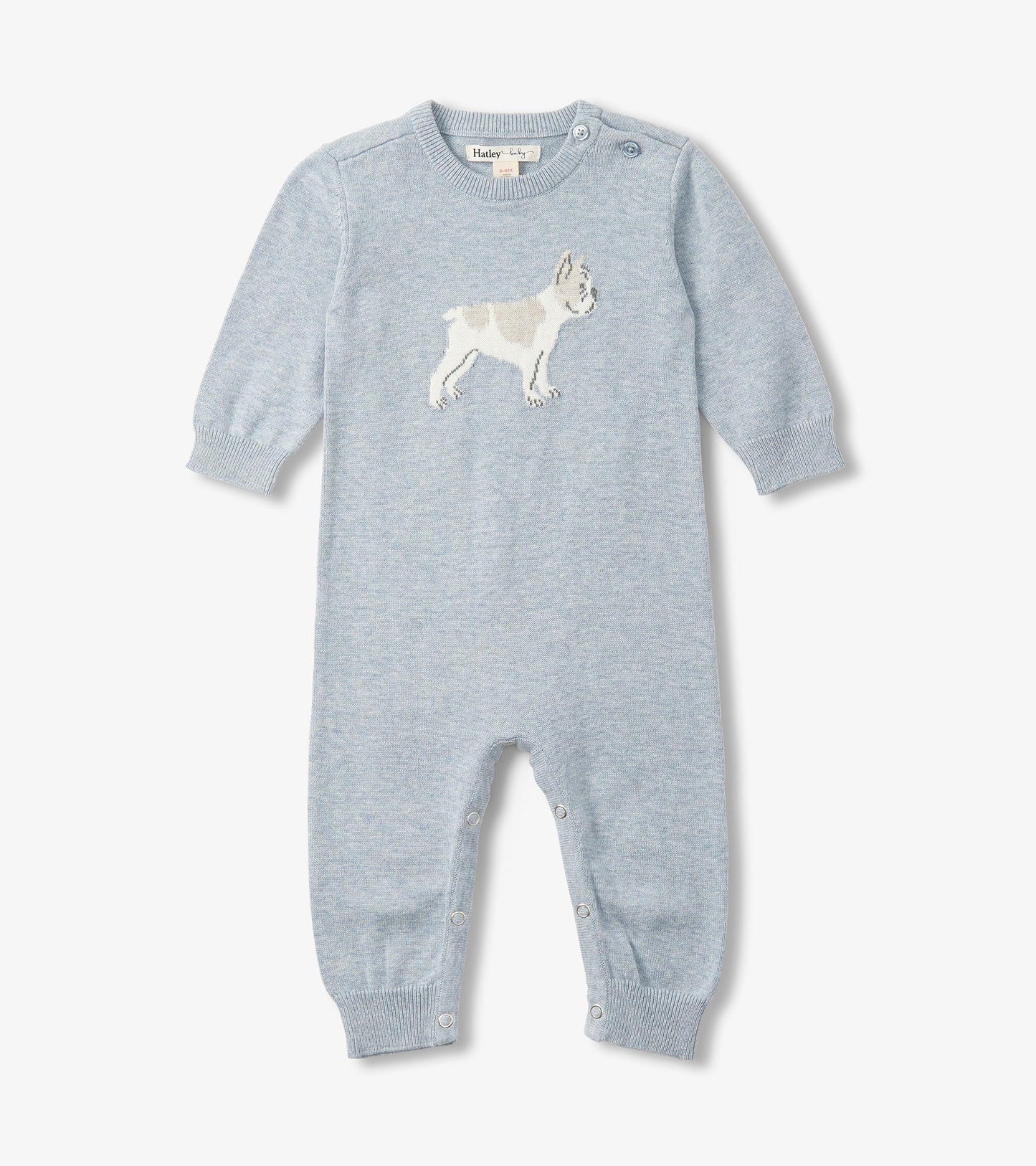Light blue knit baby romper with long sleeves, dog graphic, and snap closures at the shoulders and legs
