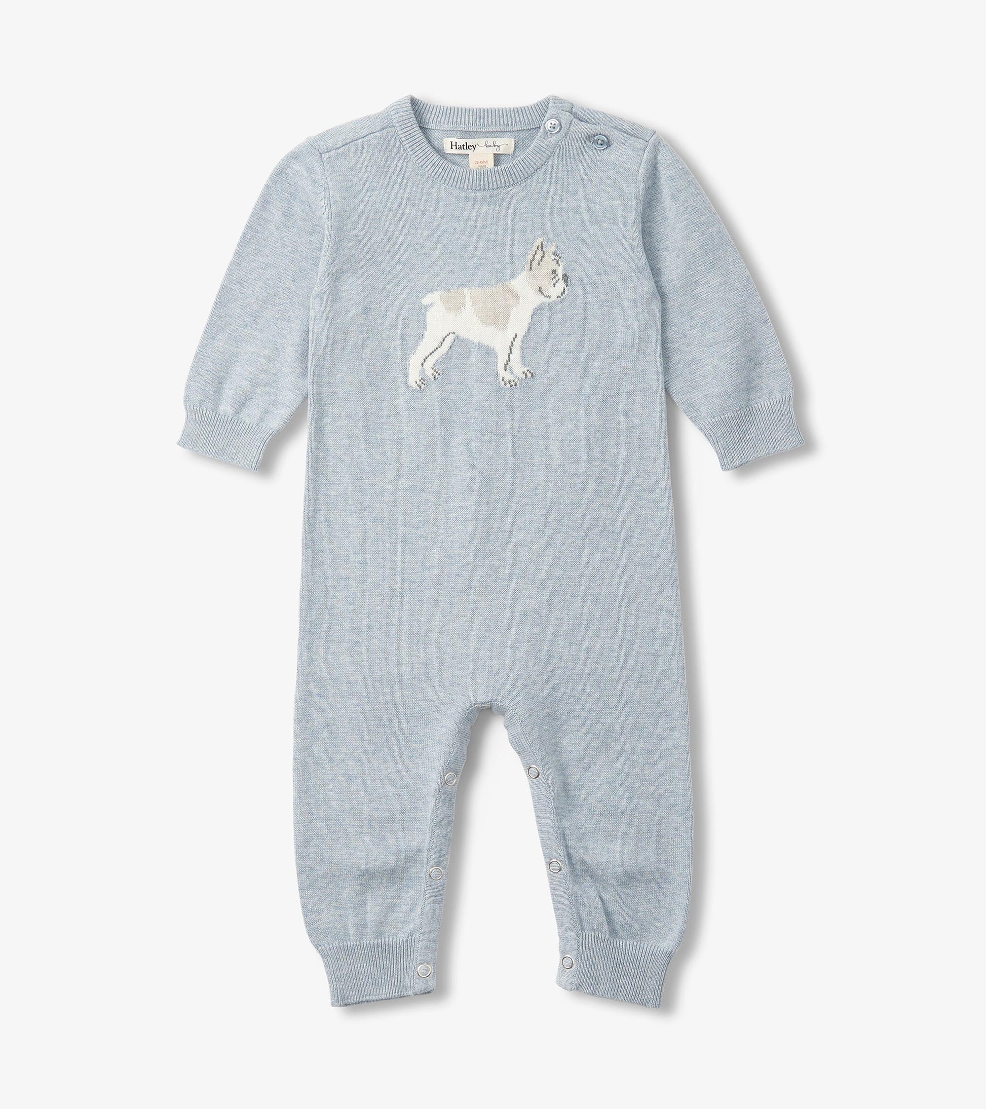 Light blue knit baby romper with long sleeves, dog graphic, and snap closures at the shoulders and legs