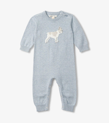 Light blue knit baby romper with long sleeves, dog graphic, and snap closures at the shoulders and legs