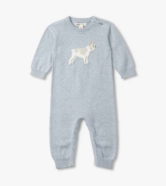 Light blue knit baby romper with long sleeves, dog graphic, and snap closures at the shoulders and legs