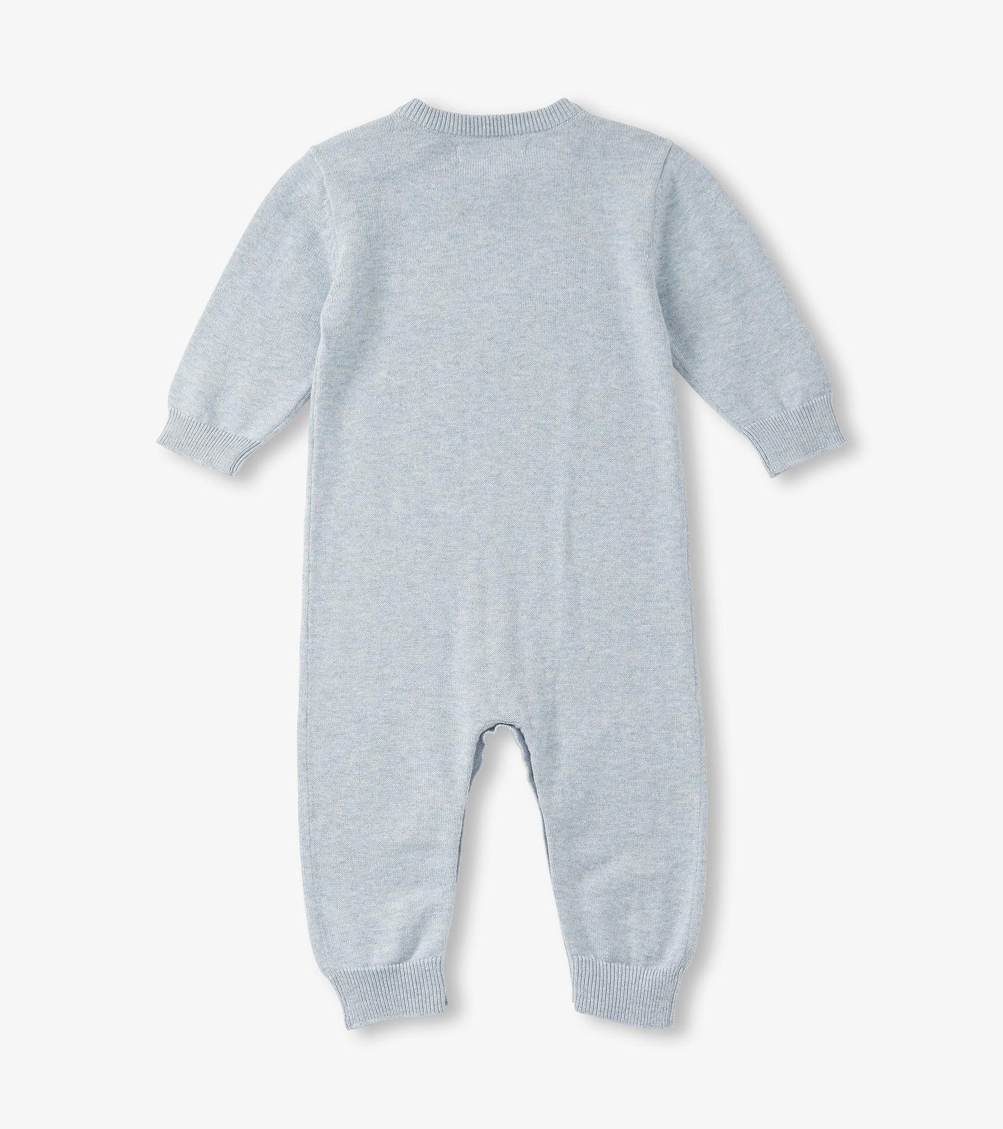 Light blue knit baby romper with long sleeves, ribbed cuffs, and footed legs, shown flat from the back