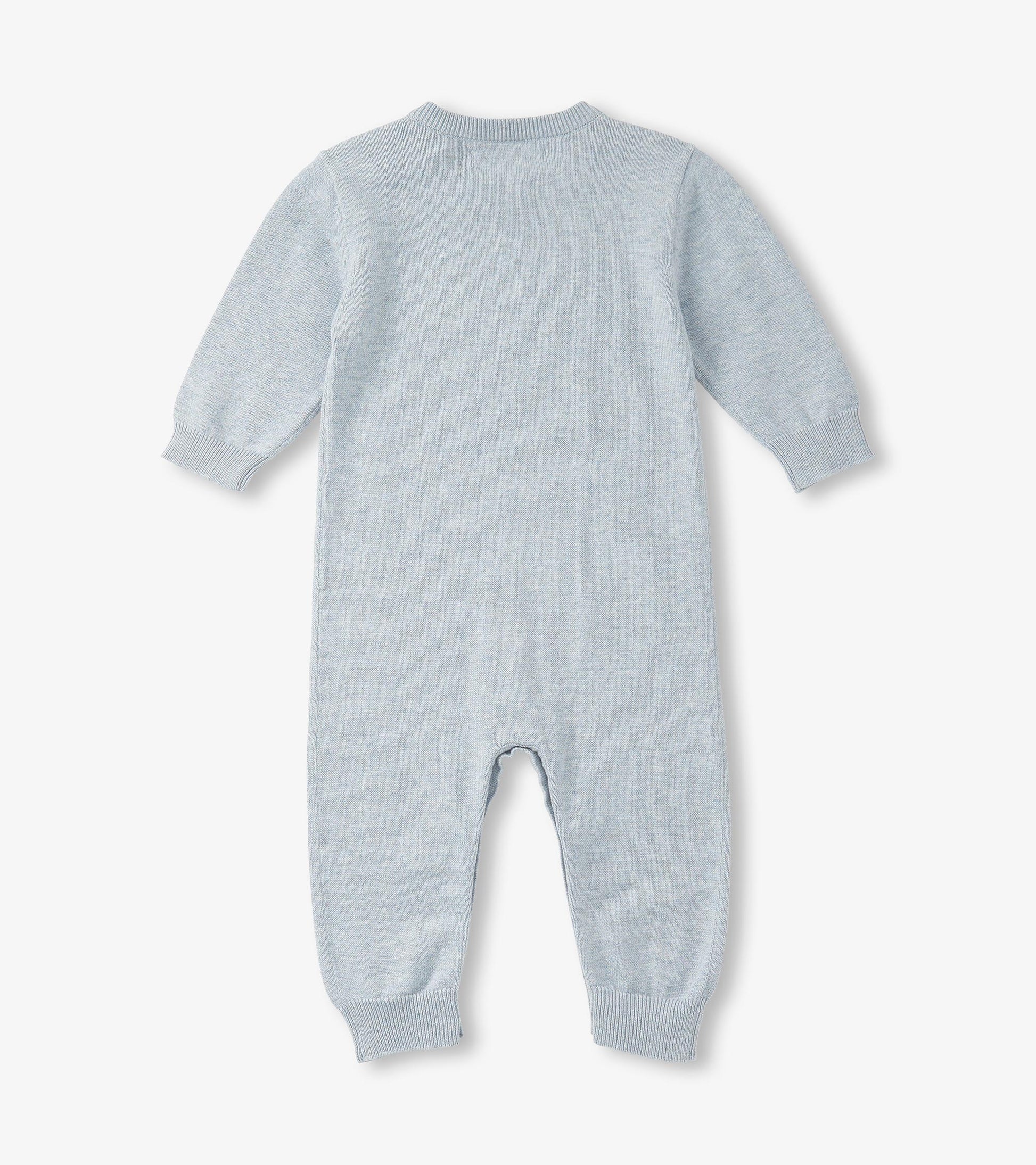 Light blue knit baby romper with long sleeves, ribbed cuffs, and footed legs, shown flat from the back