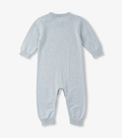 Light blue knit baby romper with long sleeves, ribbed cuffs, and footed legs, shown flat from the back