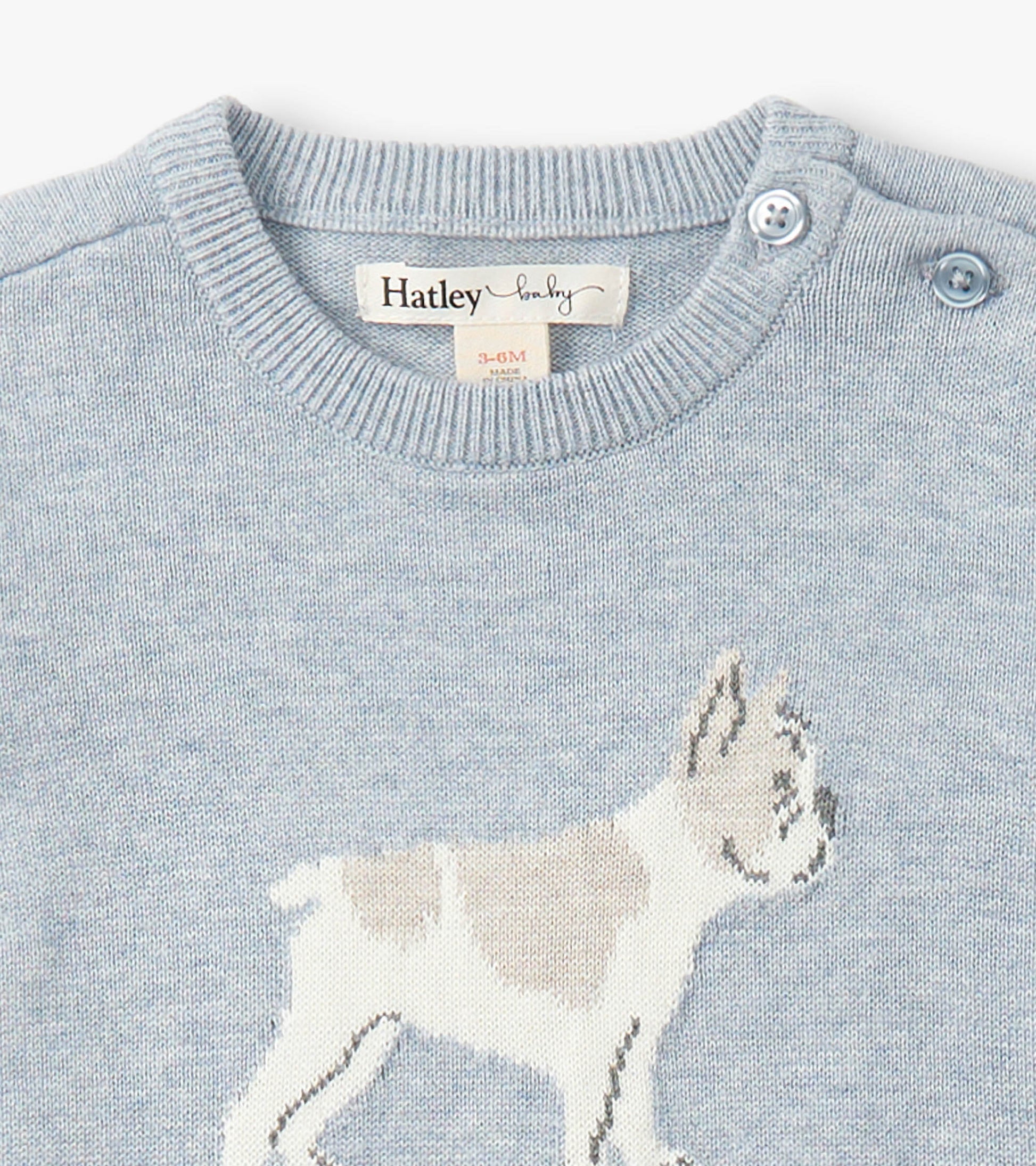 Light blue knit baby romper with ribbed crew neck, shoulder buttons, and white bulldog graphic on front.