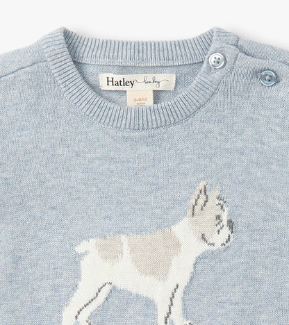 Light blue knit baby romper with ribbed crew neck, shoulder buttons, and white bulldog graphic on front.