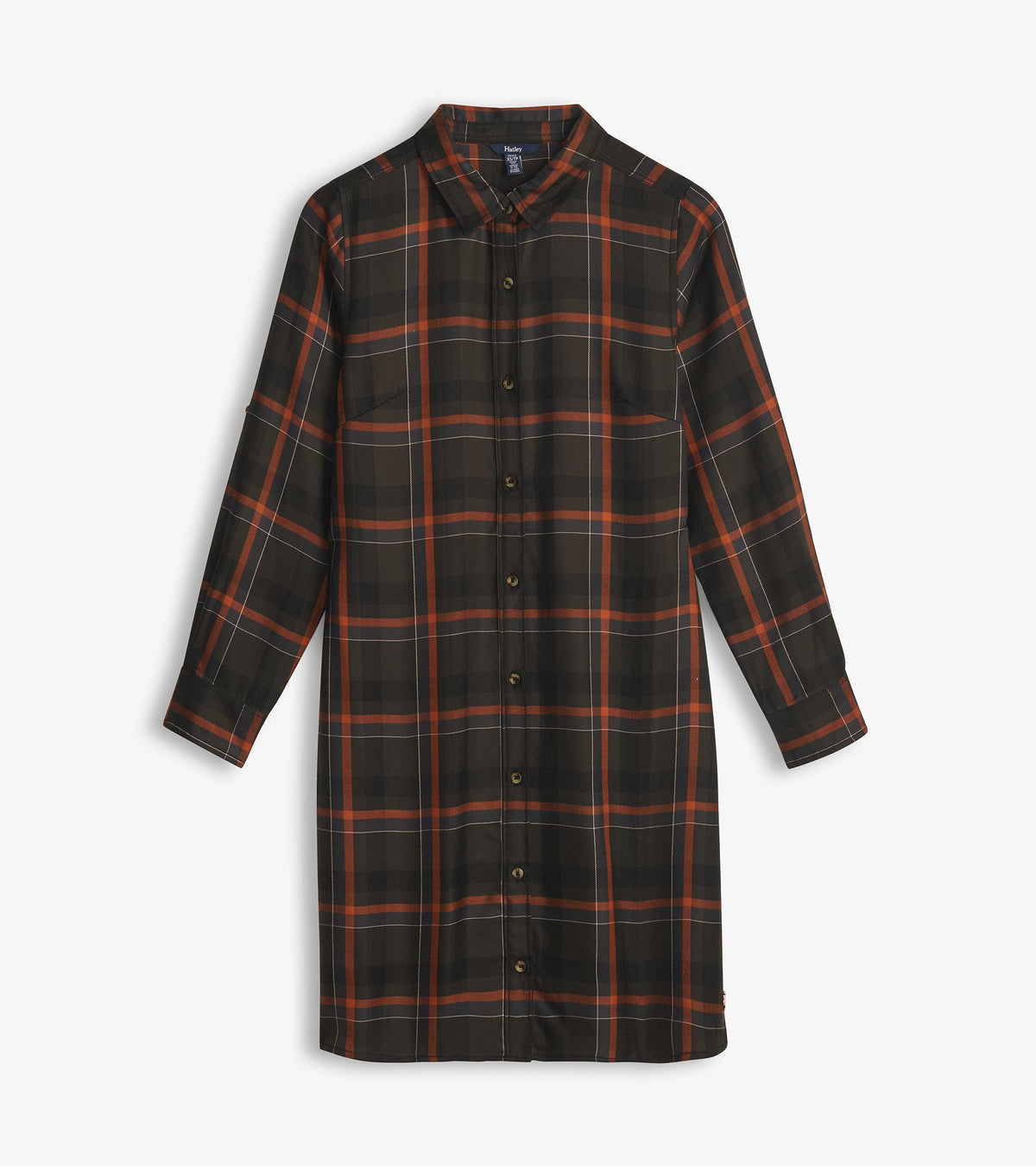 Autumn plaid shirt dress with collar, button front, long sleeves, and knee-length straight silhouette