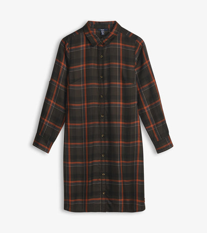 Autumn plaid shirt dress with collar, button front, long sleeves, and knee-length straight silhouette
