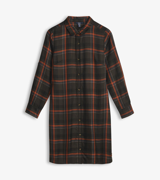 Autumn plaid shirt dress with collar, button front, long sleeves, and knee-length straight silhouette