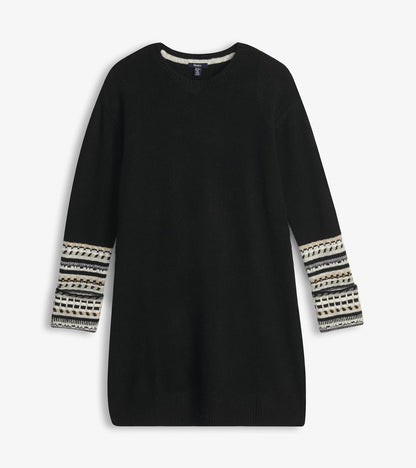 Black long-sleeve sweater dress with patterned cuffs and hem, shown flat front view.