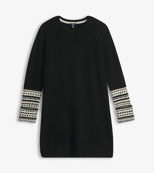 Black long-sleeve sweater dress with patterned cuffs and hem, shown flat front view.