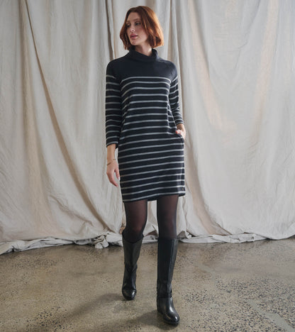 Robe Col Drapé - Rayures Caviar