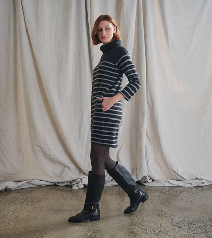 Robe Col Drapé - Rayures Caviar