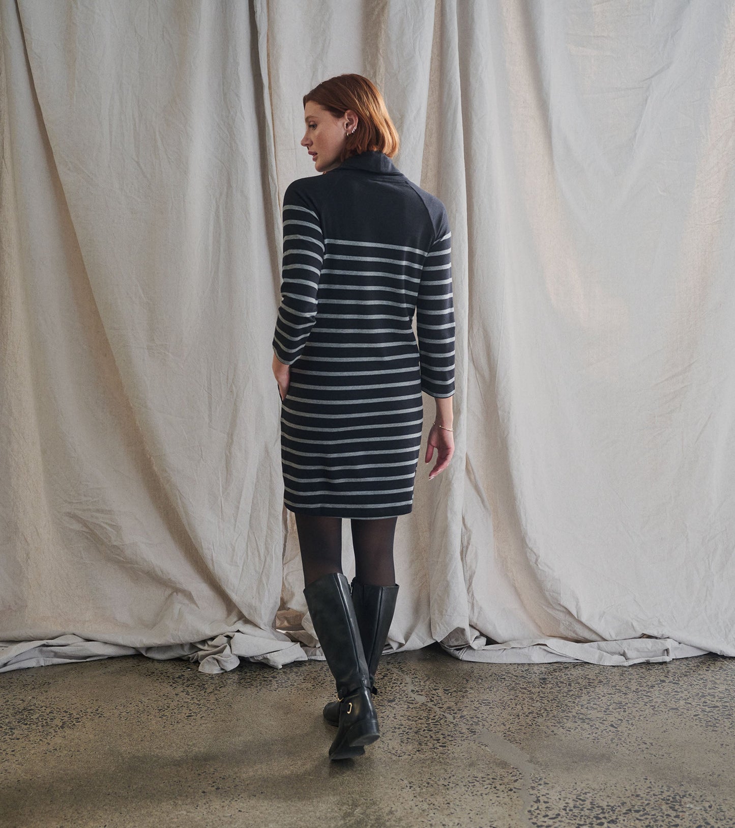 Robe Col Drapé - Rayures Caviar