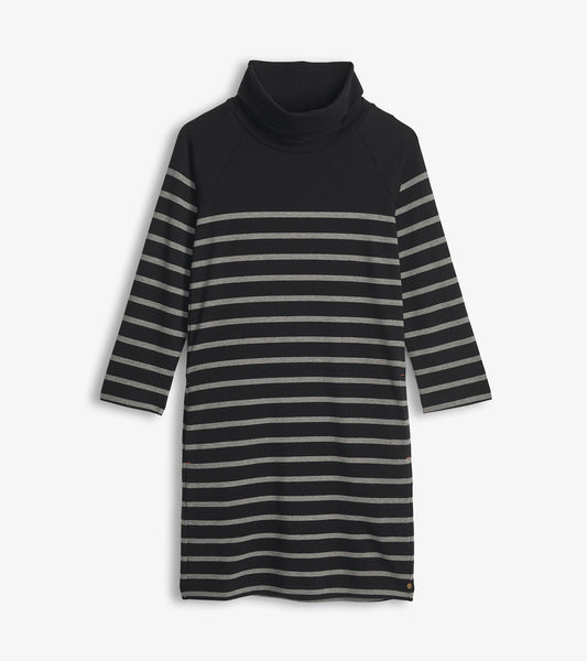 Black long-sleeve turtleneck dress with gray horizontal stripes and a straight knee-length silhouette.