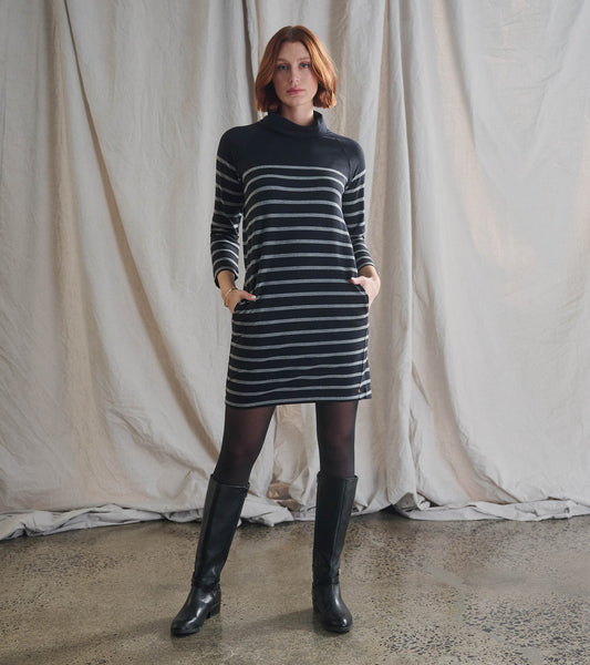 Robe Col Drapé - Rayures Caviar
