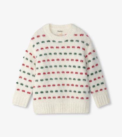 Cream sweater with red and green dotted pattern, featuring a round neck and ribbed cuffs, suitable for holiday wear.