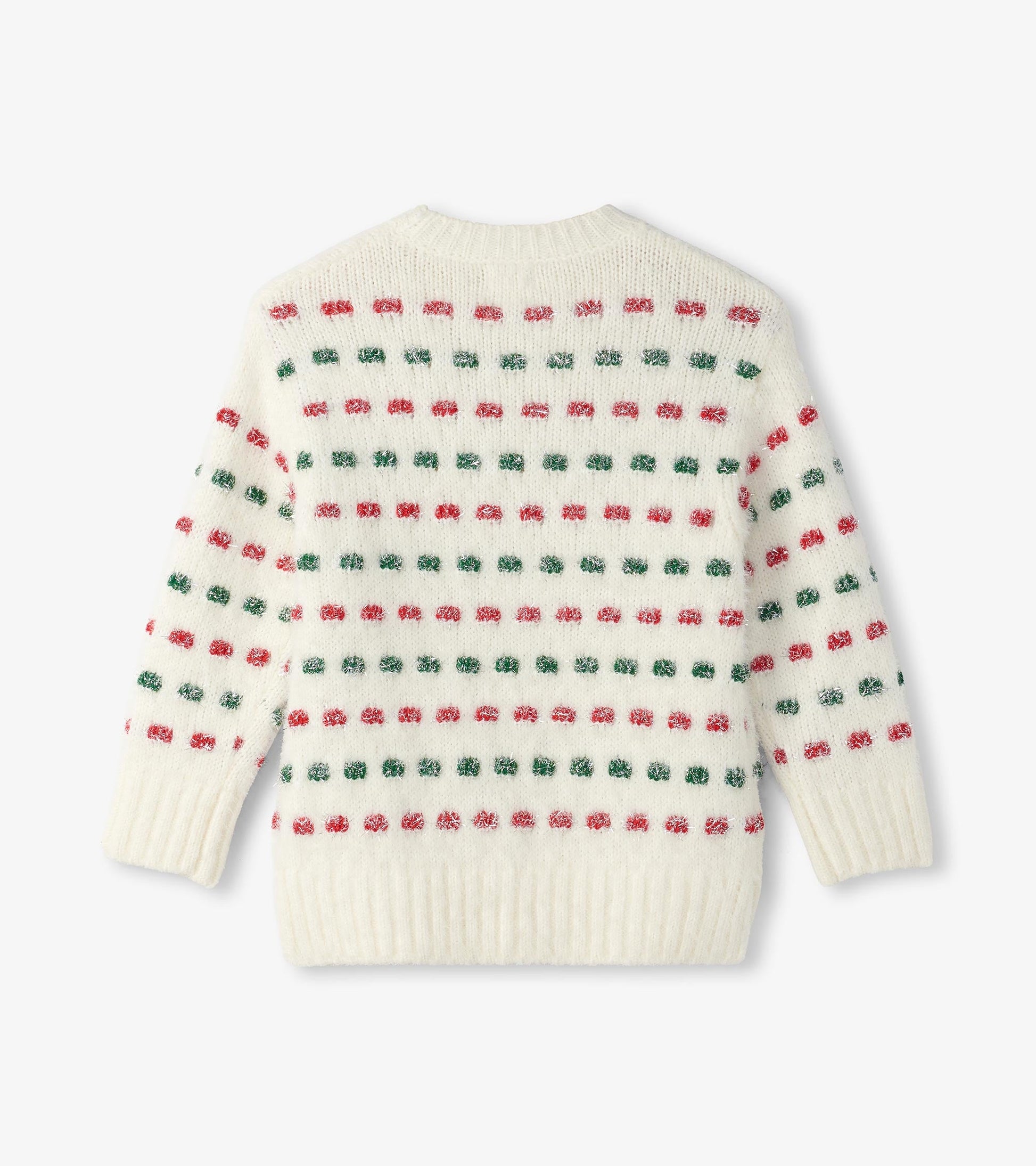 Cream sweater featuring a holiday basket weave pattern with red and green dots, ribbed cuffs and hem.