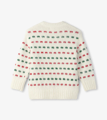 Cream sweater featuring a holiday basket weave pattern with red and green dots, ribbed cuffs and hem.