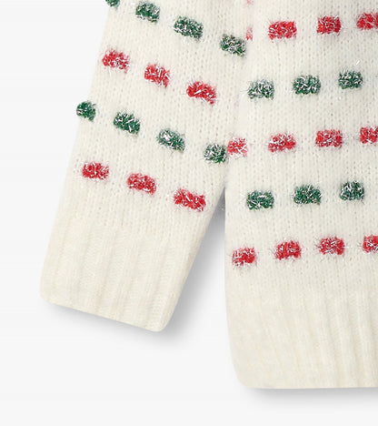 Cream sweater featuring a basket weave pattern with red and green dots, perfect for holiday wear.