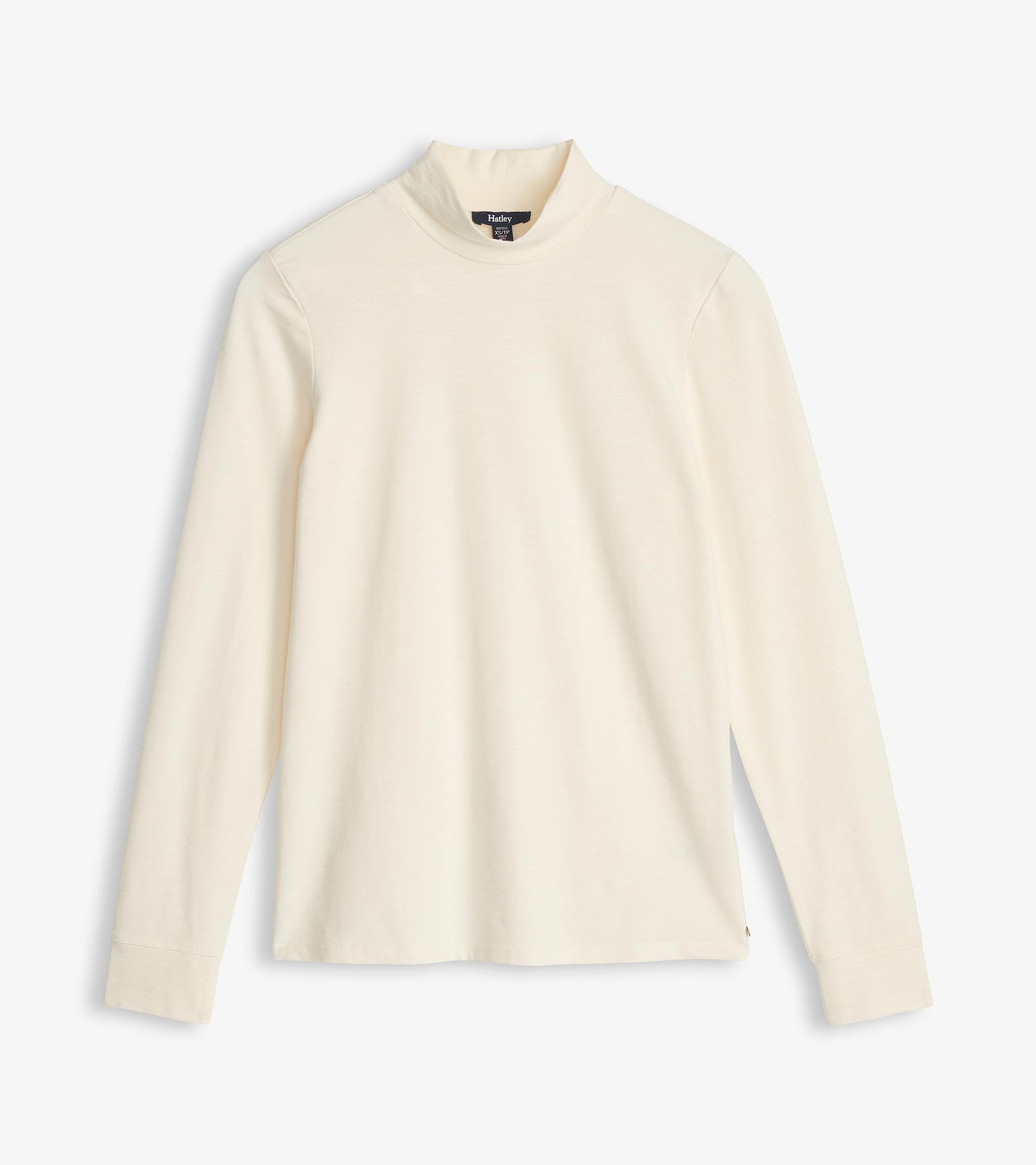 Cream white mock neck top with long sleeves, front flat lay