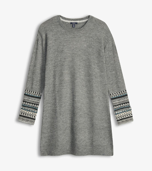Charcoal heather knit sweater dress with long sleeves, crew neck, and patterned cuffs and hem, front view.