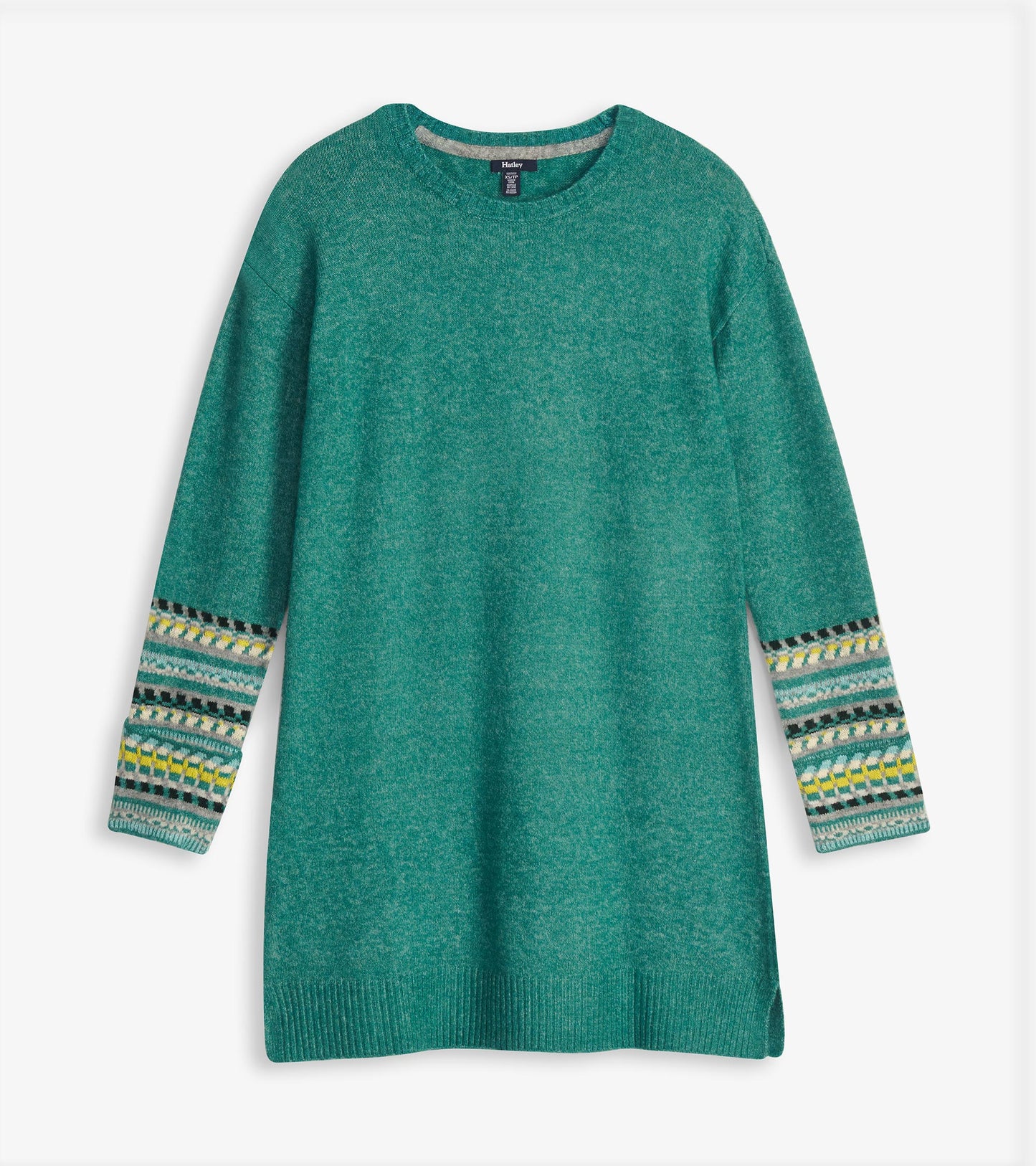 Forest green knit sweater dress with long sleeves and patterned cuffs, front view