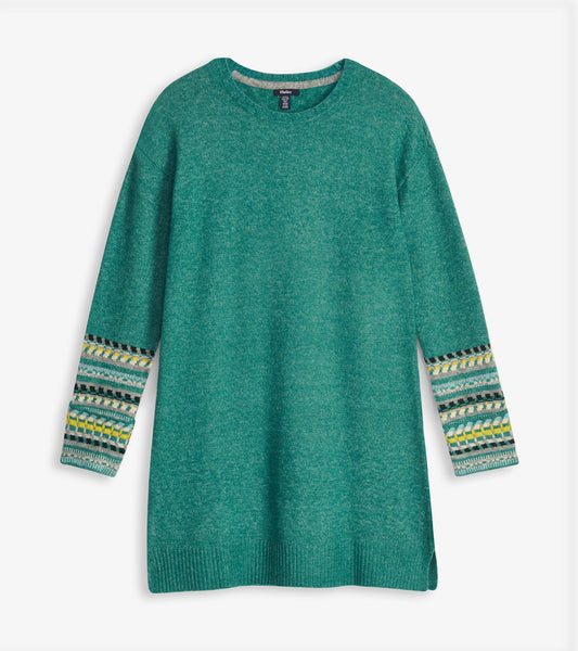 Forest green knit sweater dress with long sleeves and patterned cuffs, front view