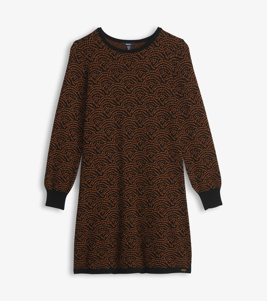Black sweater dress with orange art deco dot pattern, long sleeves, and ribbed cuffs and hem, front view