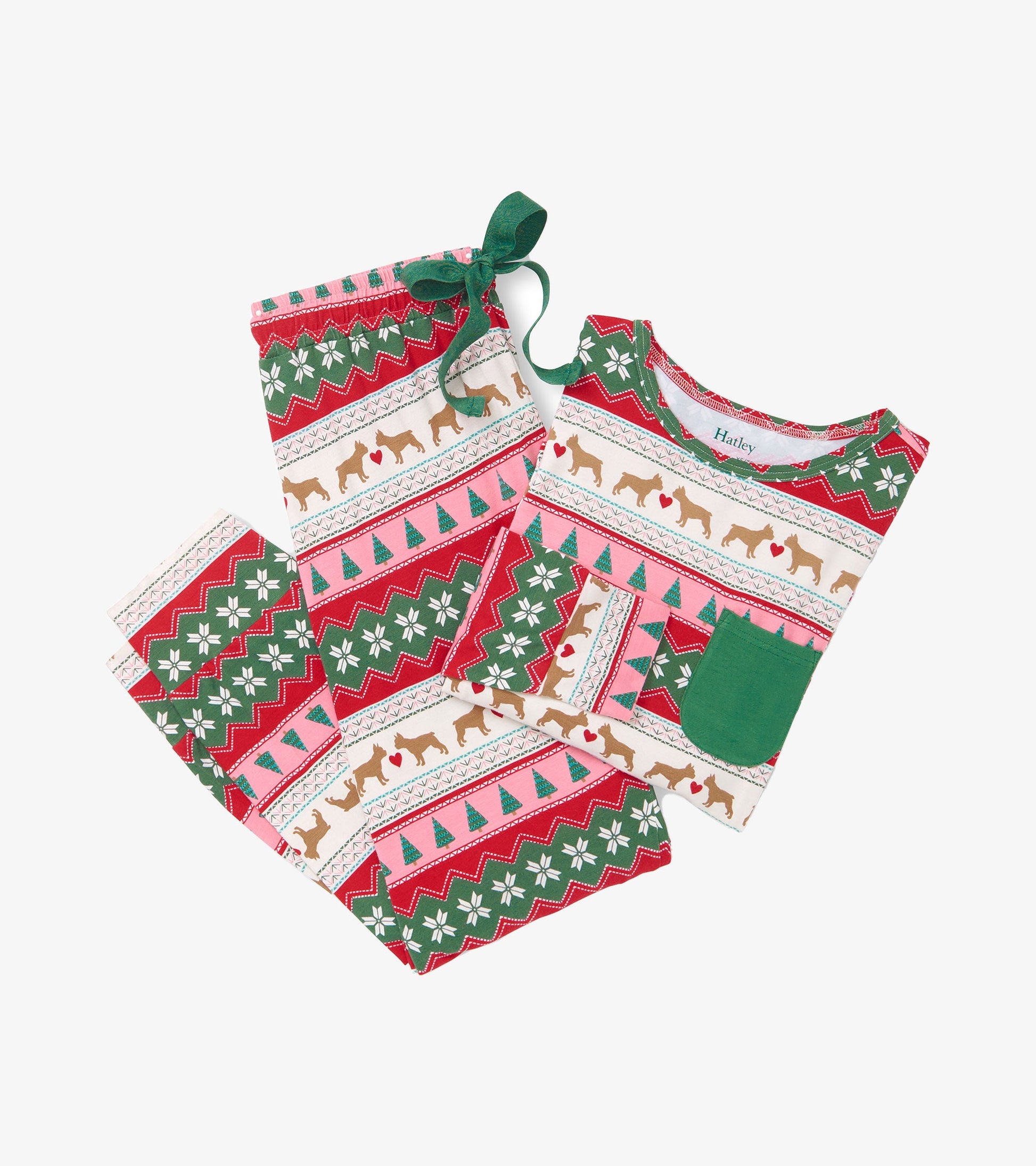 Red and green Fairisle pajama set featuring puppy and heart patterns, with a short-sleeve top and matching pants.