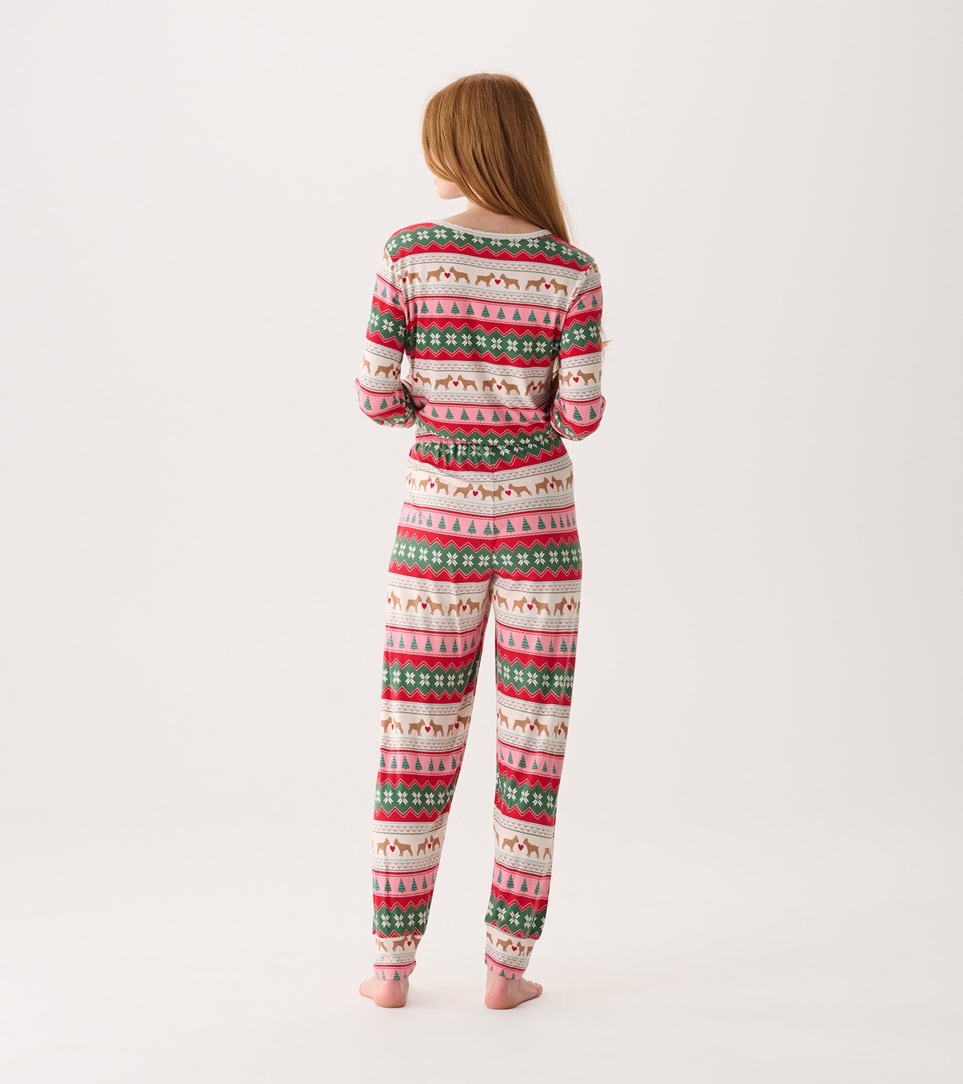 Bamboo pajama set featuring a colorful puppy hearts Fairisle pattern, shown from the back with elastic waistband.