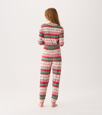 Bamboo pajama set featuring a colorful puppy hearts Fairisle pattern, shown from the back with elastic waistband.