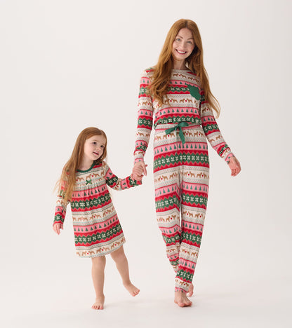 Women's bamboo pajama set featuring a festive puppy hearts Fairisle pattern in red, green, and cream, worn by a mother and d…