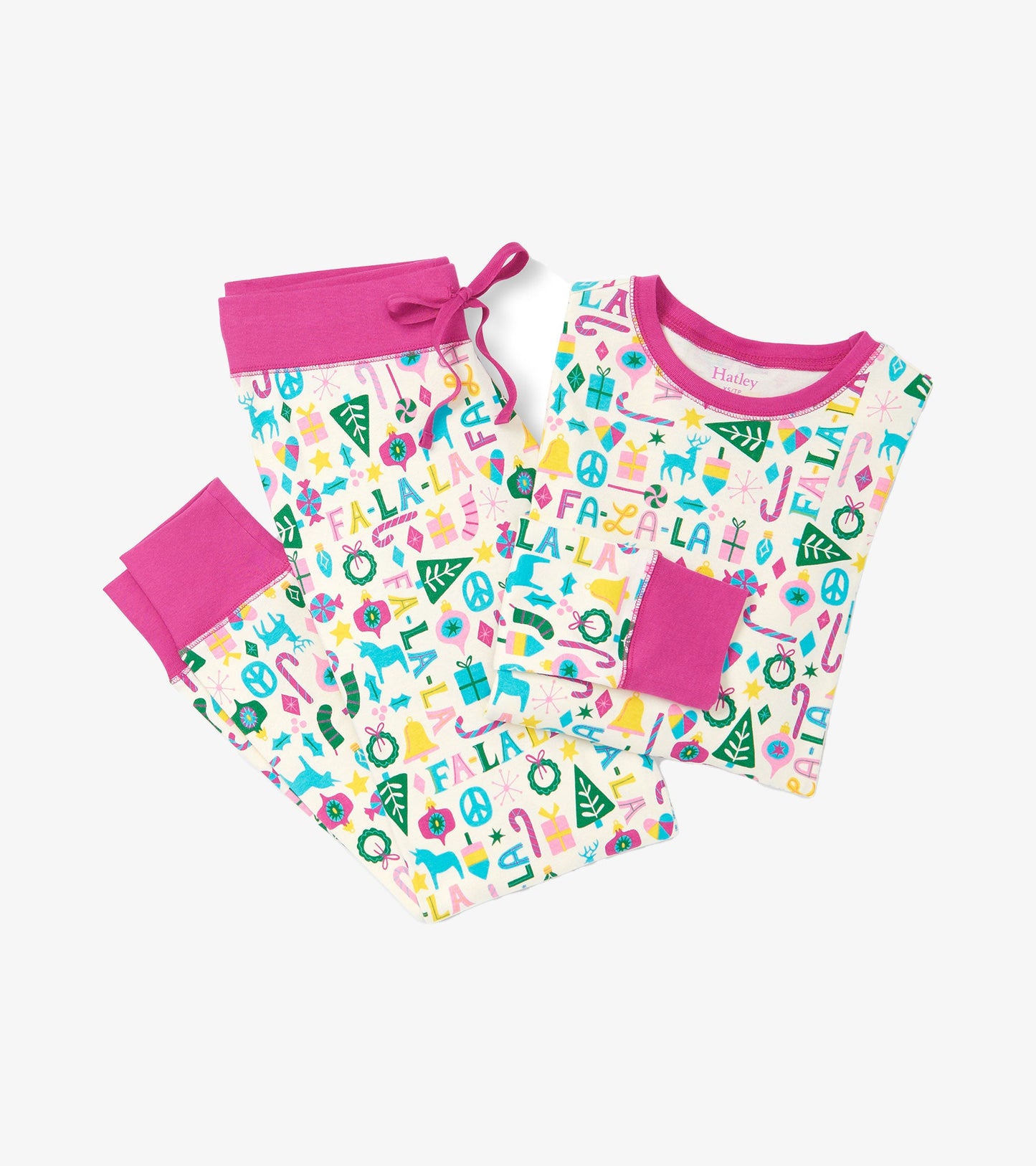 Colorful women's pajama set featuring a festive pattern with pink accents, including a long-sleeve top and matching pants.