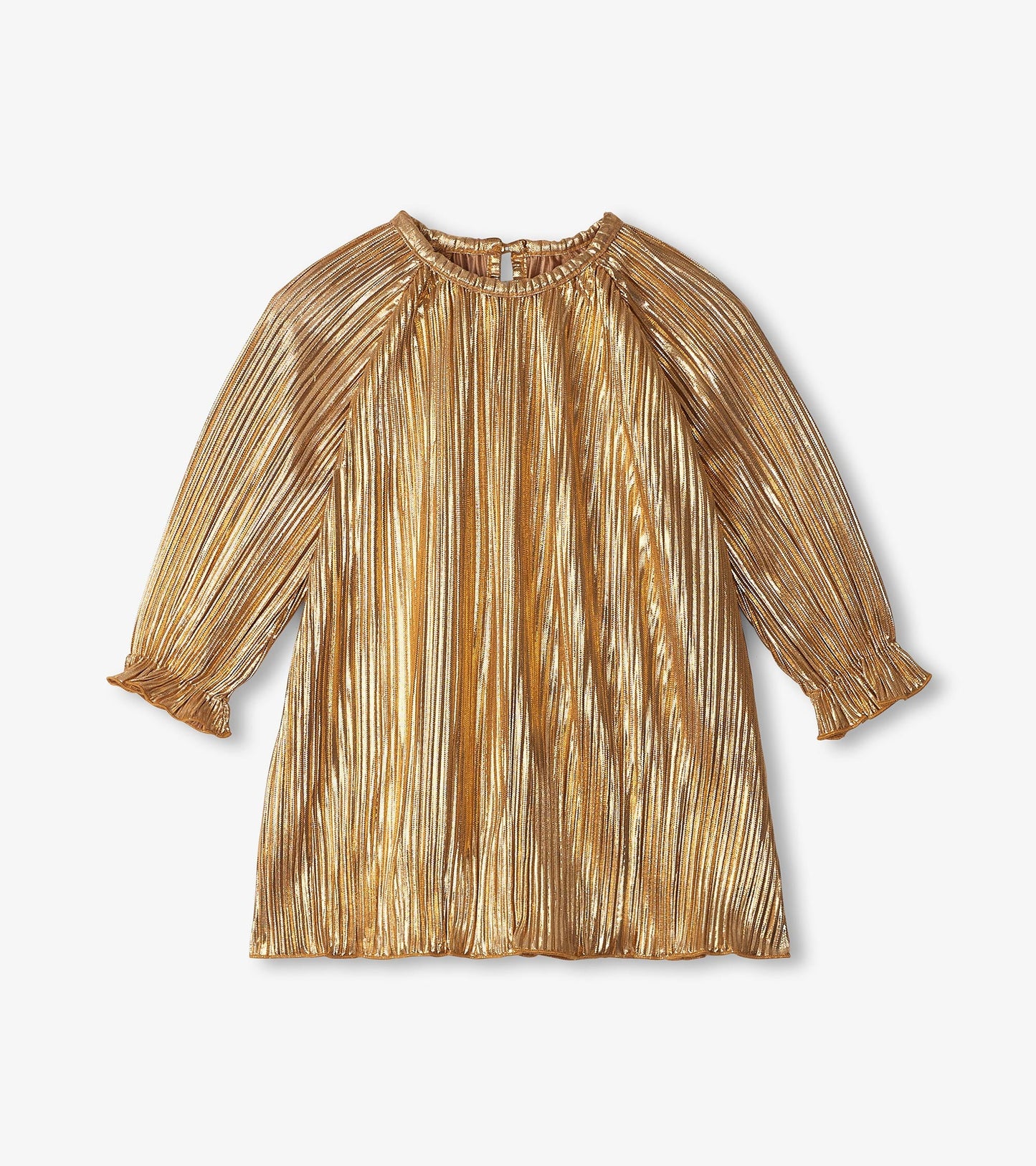 Gold metallic special dress with pleated design and long sleeves, featuring a round neckline and ruffled cuffs.