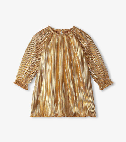 Gold metallic special dress with pleated design and long sleeves, featuring a round neckline and ruffled cuffs.