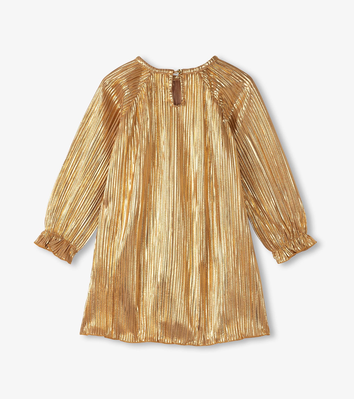 Back view of baby and toddler gold metallic pleated dress with long sleeves and keyhole neckline
