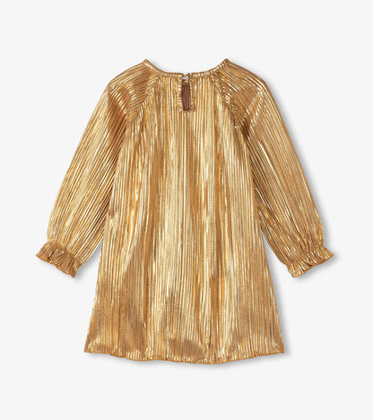 Back view of baby and toddler gold metallic pleated dress with long sleeves and keyhole neckline