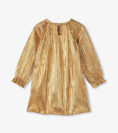 Gold metallic special dress with long sleeves and pleated design, featuring a keyhole back closure.
