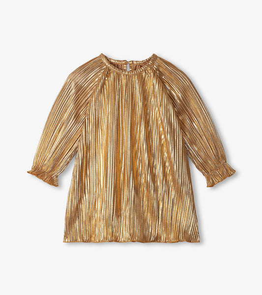 Front view of baby and toddler gold metallic pleated dress with long sleeves and ruffled cuffs