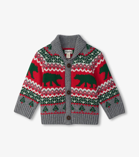 Knit cardigan featuring a bear pattern in red, green, and gray with a shawl collar and button closure.