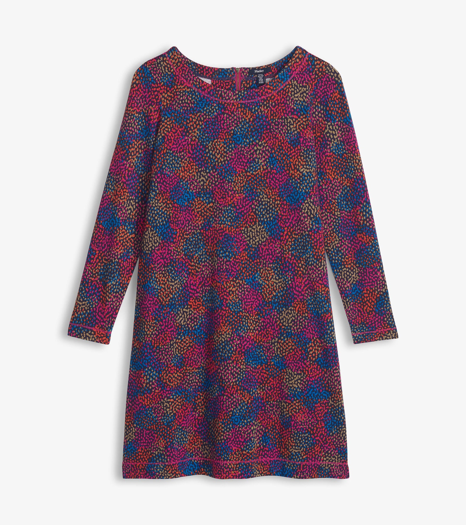 Long-sleeve shift dress with multicolor dot cluster print and round neckline, front view