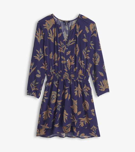 Navy long-sleeve dress with tan floral print, button front, smocked waist, and layered hem, front view