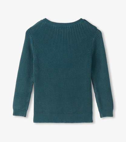 Back view of Moroccan blue knit boys sweater with long sleeves and ribbed hem