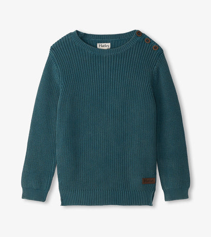 Moroccan blue knit boys sweater with three shoulder buttons and ribbed cuffs and hem