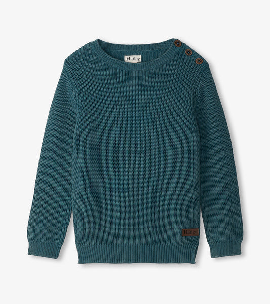 Moroccan blue knit boys sweater with three shoulder buttons and ribbed cuffs and hem