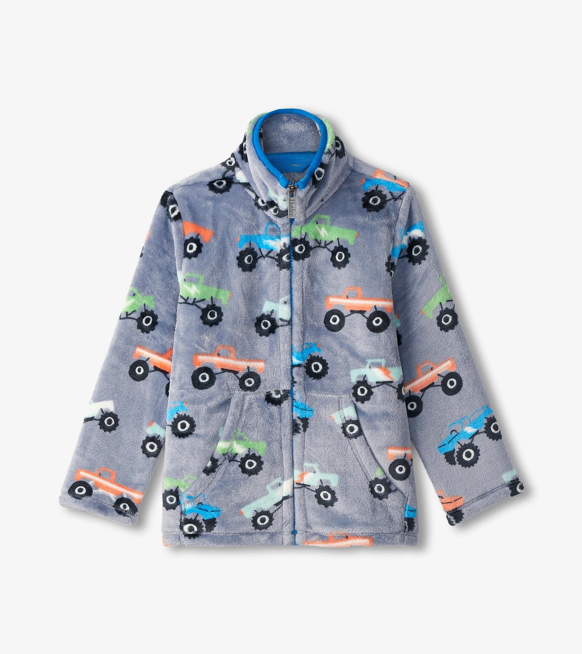 Gray fleece zip-up jacket featuring colorful monster truck patterns and side pockets.