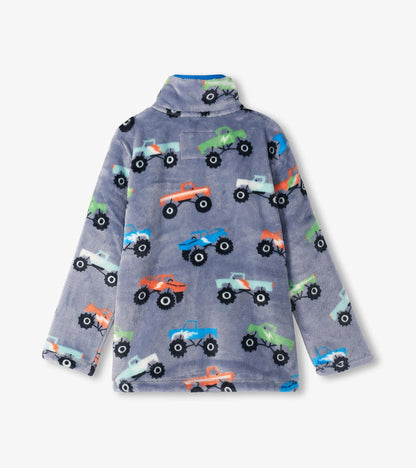 Gray fleece zip-up jacket featuring colorful monster truck patterns, ideal for boys.