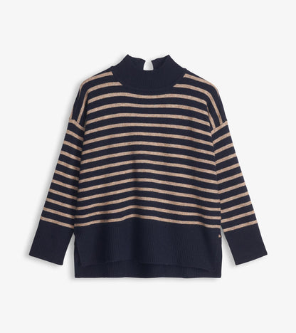 Mock Neck Tunic - Navy Taupe Stripes
